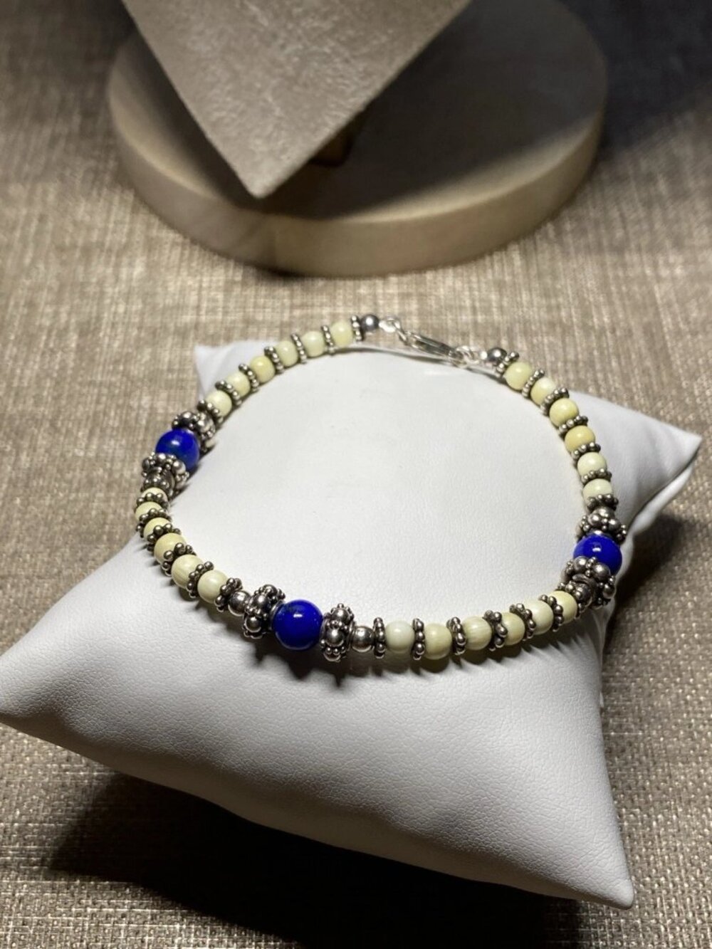 Vintage 925 Sterling Silver Beaded Bracelet Blue Stone Accent